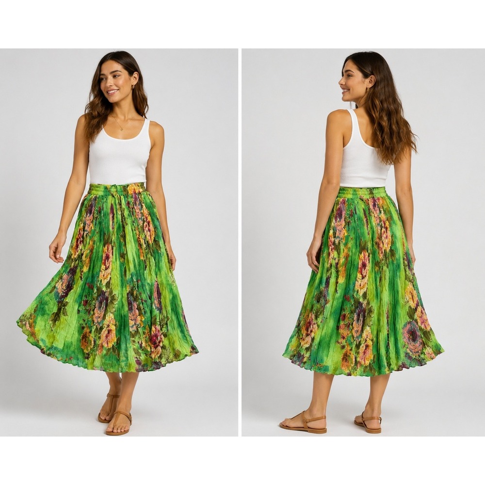 Silverstream Green Floral Crinkle Cotton Midi Skirt Elastic Waist One Size Boho